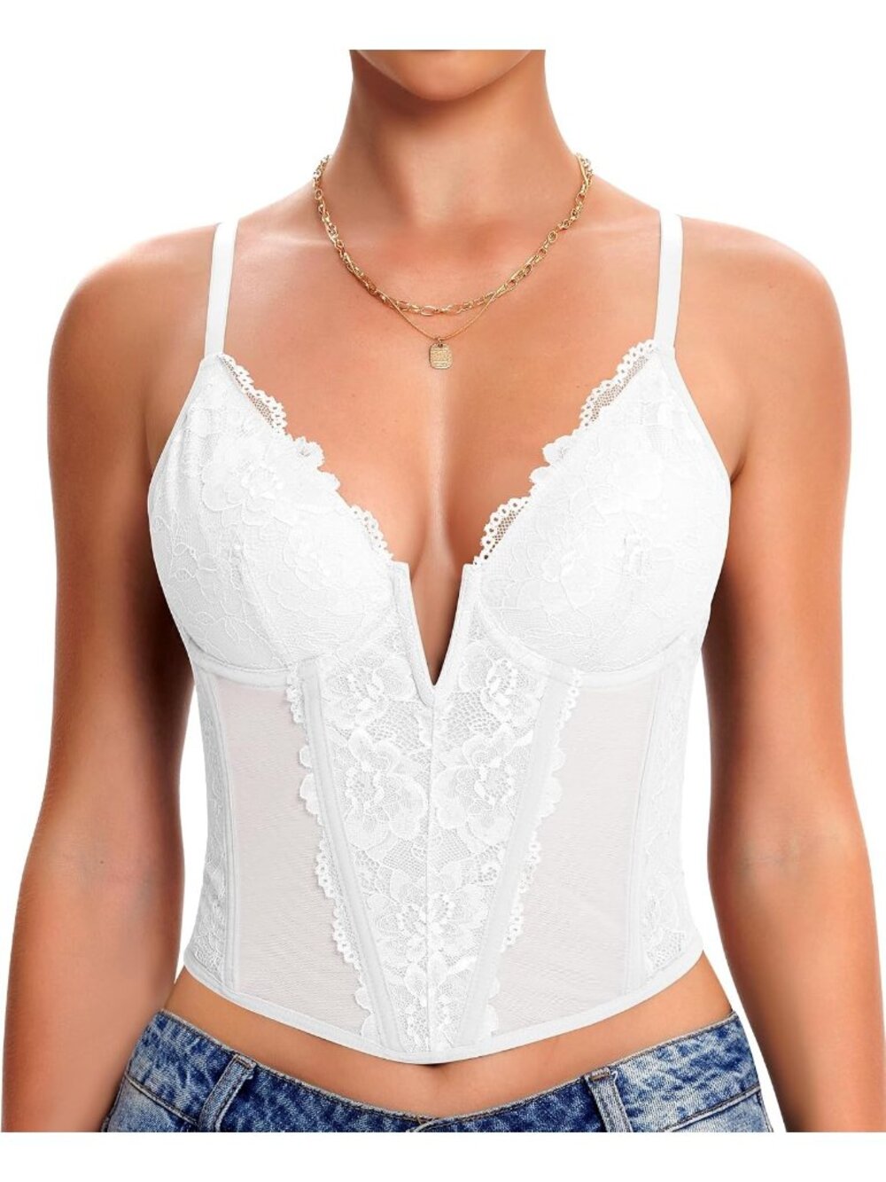 Women's White V-neck Boned Bodice 3-row Back Hook Underwire Mesh Lace Corset Top